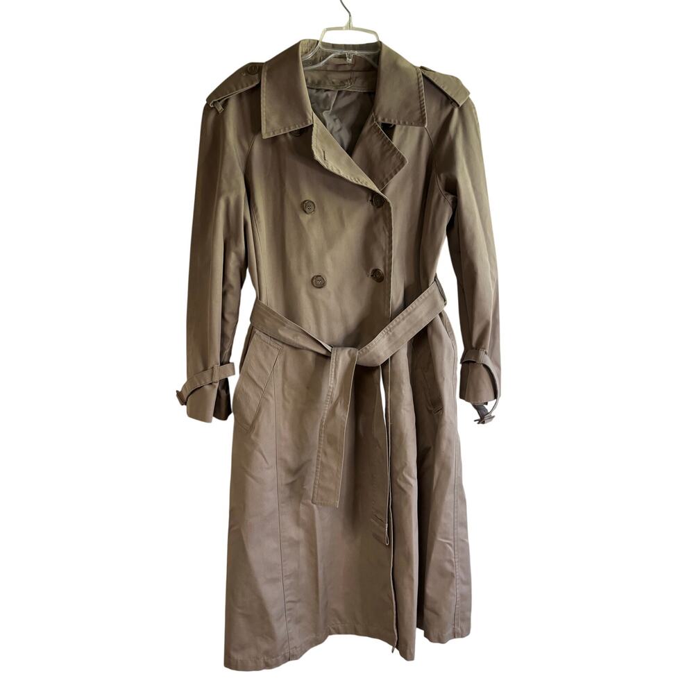 London Towne Trench Coat 80s Khaki Belted Double Breasted Petite 12
